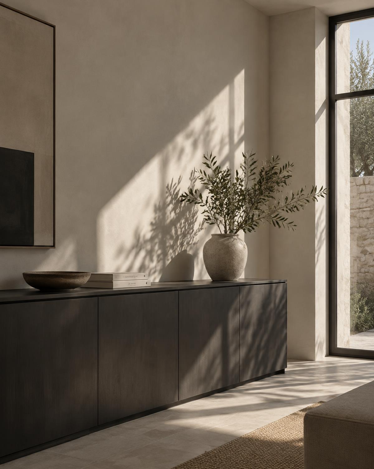 Minimal architectural interior with dark cabinetry