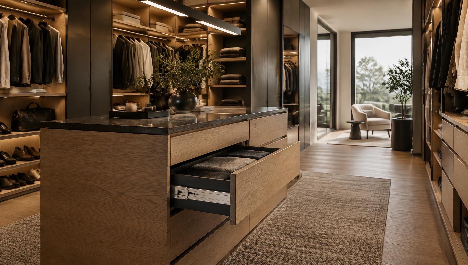 Premium wardrobe dressing room with a drawer on metal channels