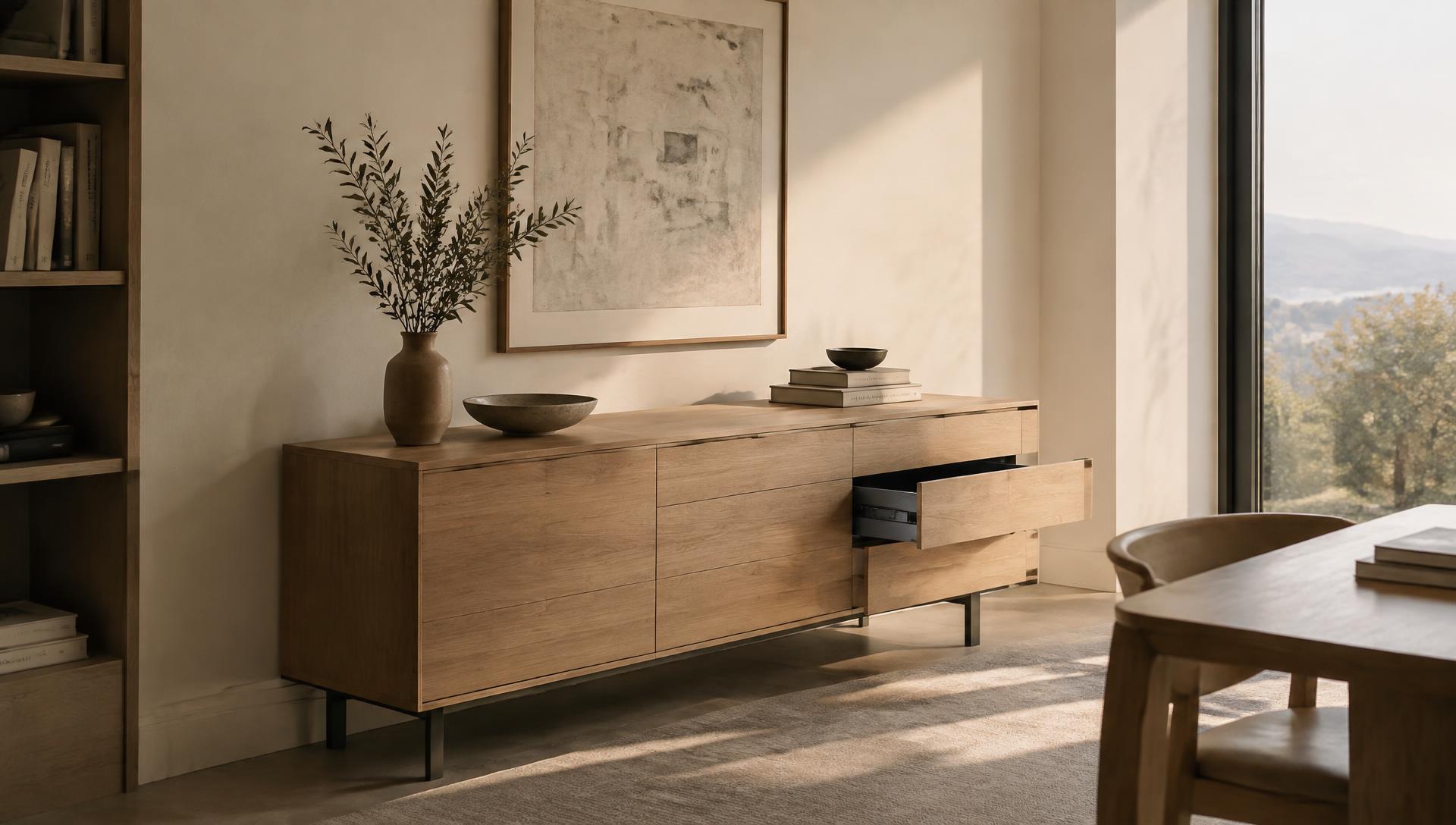 Minimal living space credenza with concealed drawer hardware